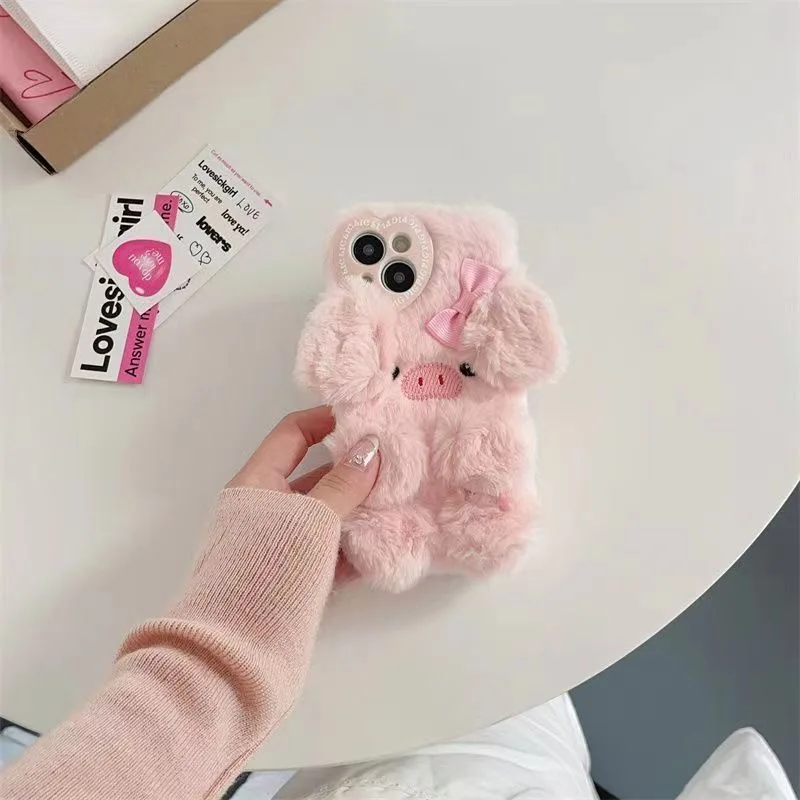 Luxury Pink Piggy Fluffy Fur phone case protection for iPhone 16 15 13 12 11 14 Pro Max XS XR 7 8 Plus X Lovely Pig Plush Coque