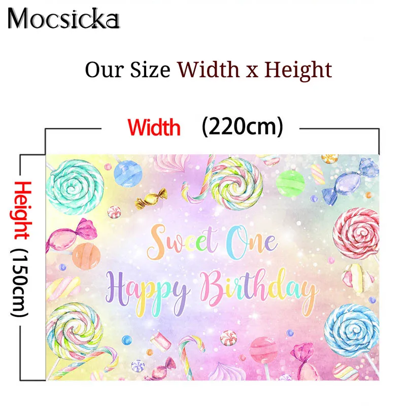 Fondo de fotografía de feliz cumpleaños Candy Sweet One, telón de fondo de piruleta de colores, pancarta de fiesta de 1er cumpleaños de niña rosa, cabina de fotos