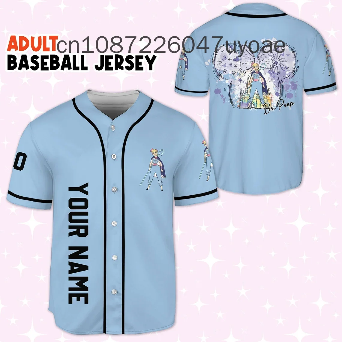 New Disney Toy Story Bo Peep Baseball jersey Customized Name Men's and Women's Short Sleeve Casual Baseball Shirt