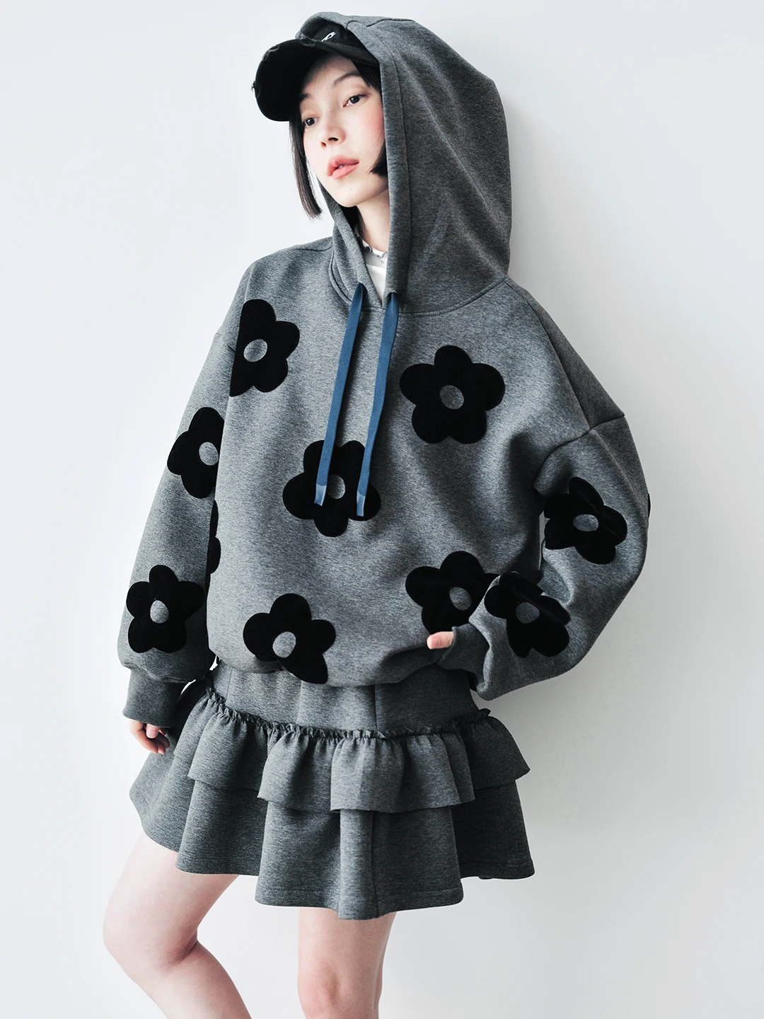 imakokoni 2024 autumn pure cotton air cotton gray hooded plush gray floral sweatshirt 244780