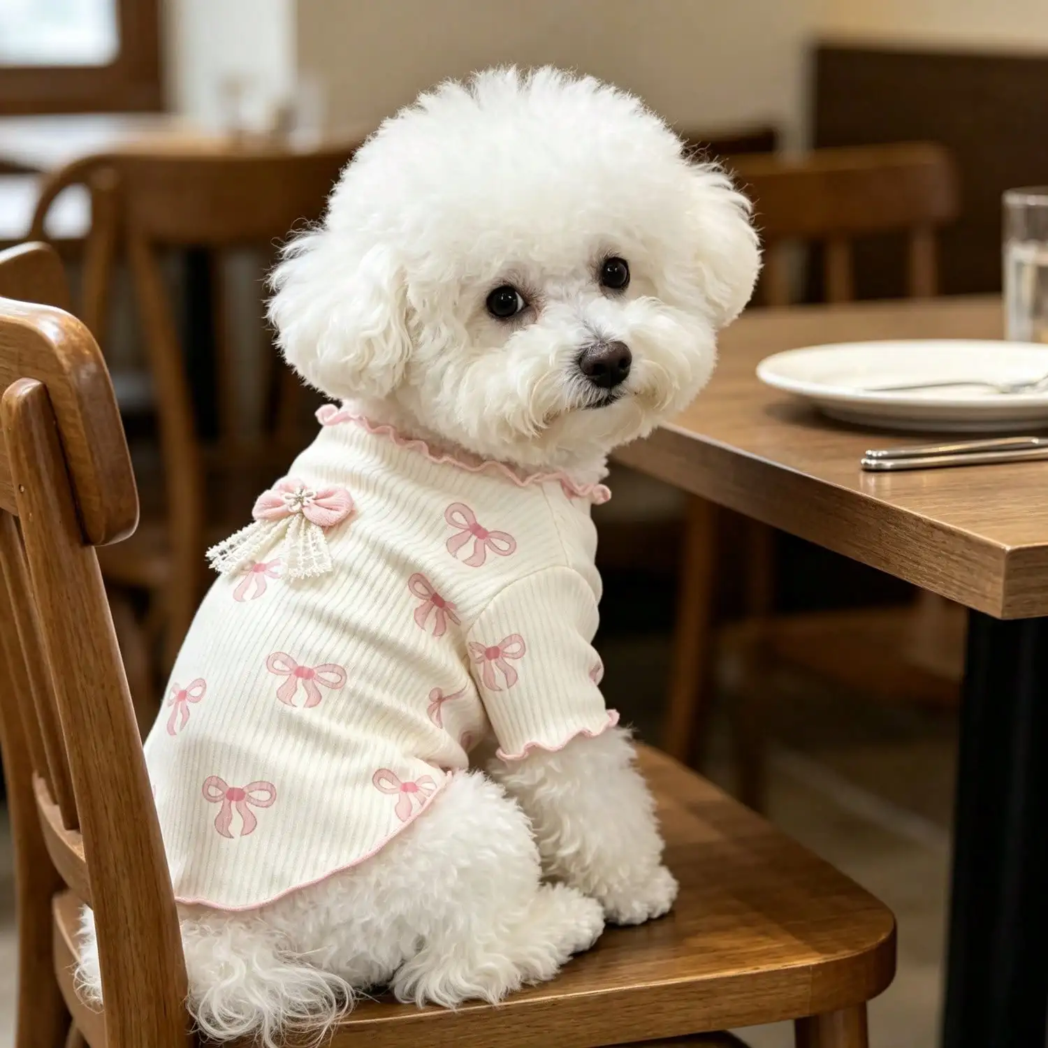 Niedliches Hundet-Shirt mit Schleifendruck und Rüschen, Weiches Geripptes Kurzarm-Oberteil mit Spitzenschleifendekor für Welpen Kleiner Rassen wie Bichon und Teddy – Detail 6
