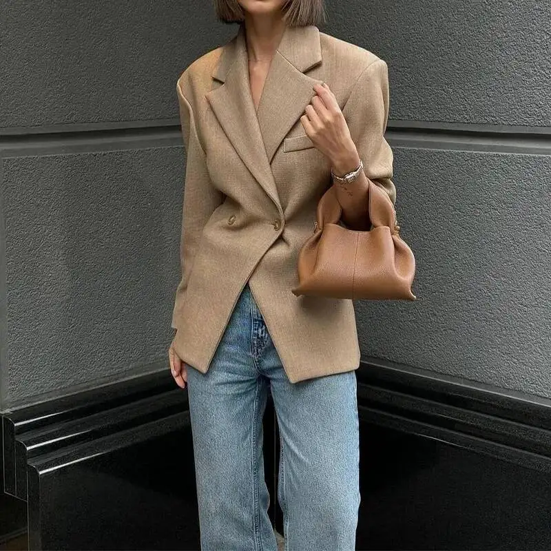 

Long Sleeve Women Elegant Double-Breasted Classic Blazer Lady Outerwears Turn-Down Collar Winter Commute Suit Jacket