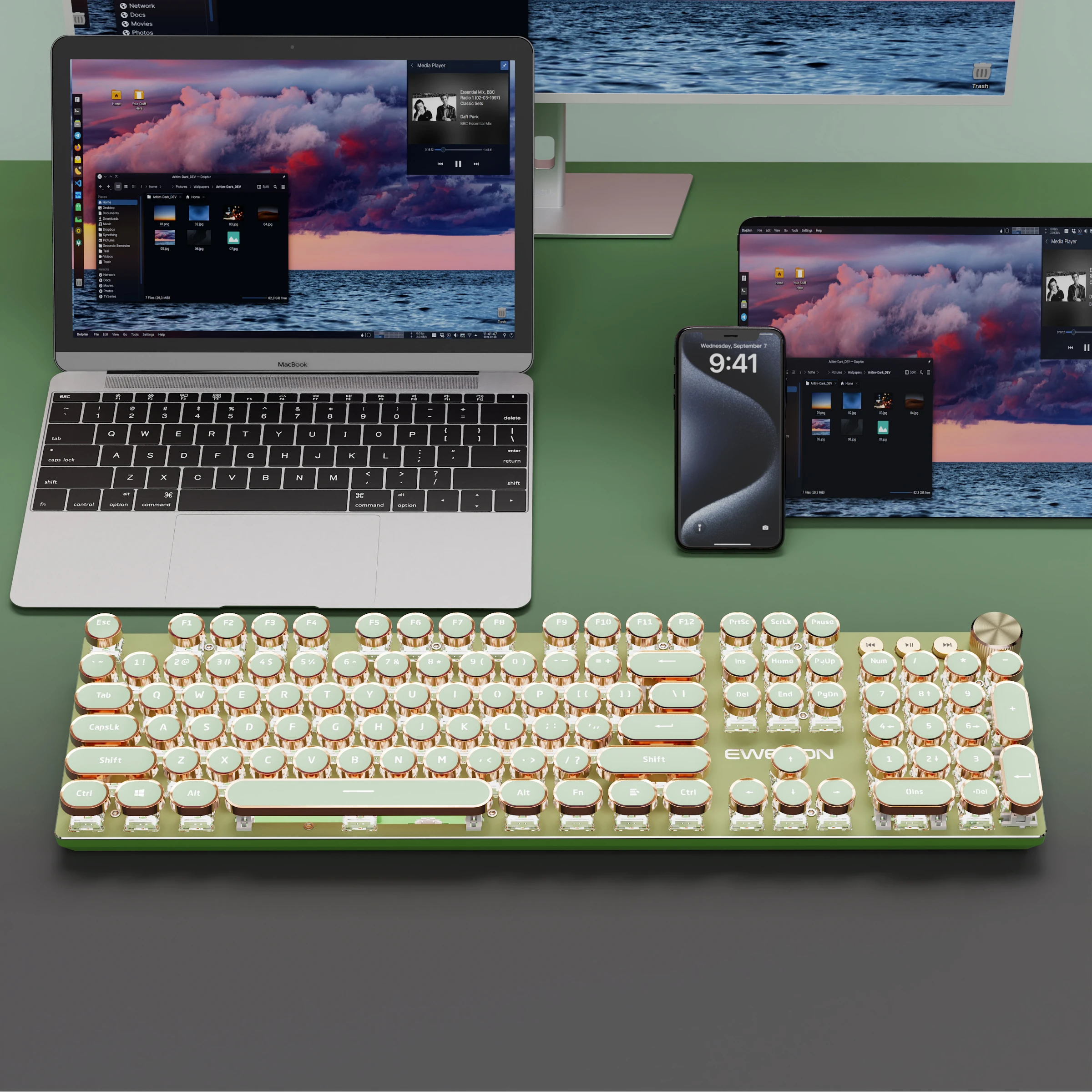 EWEADN Mechanical Keyboard 2.4GHz Wireless/Bluetooth/Wired, Steampunk Style,Ergonomic, Gaming/Esports, Laptop/Desktop/Office