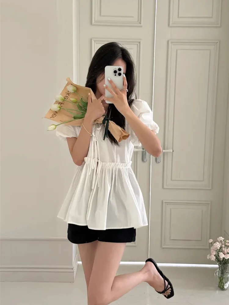Haut blanc Chic d'été irt pour femmes, bulle vacillante à la taille, Sve v-ne Puff, détail Floral, coupe ample coréenne