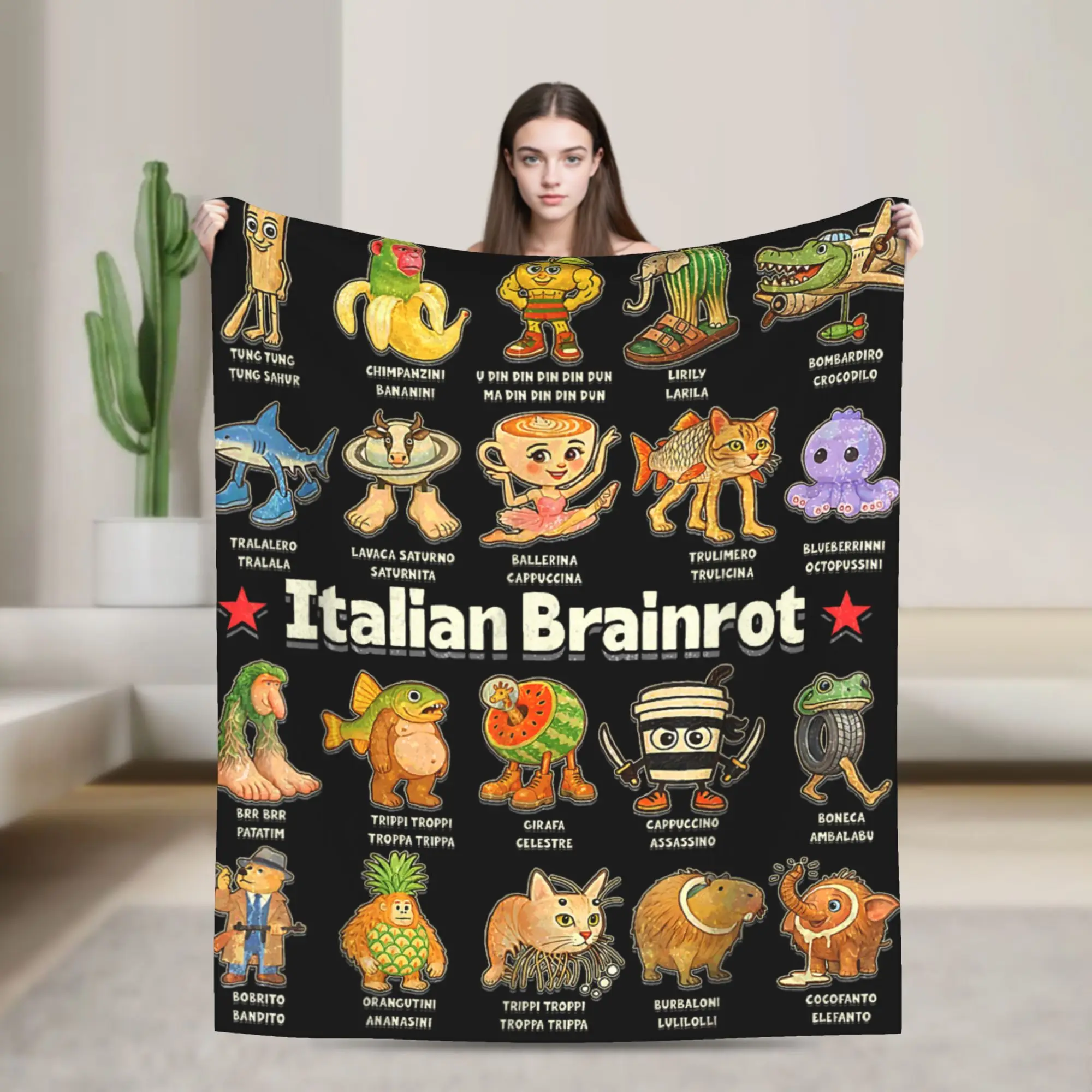 Soft Blankets Girls Boys Picnic Italian Brain Rot Italian Brainrot Funny Memes Throw Blanket Flannel Bedspread Sofa Bed Cover