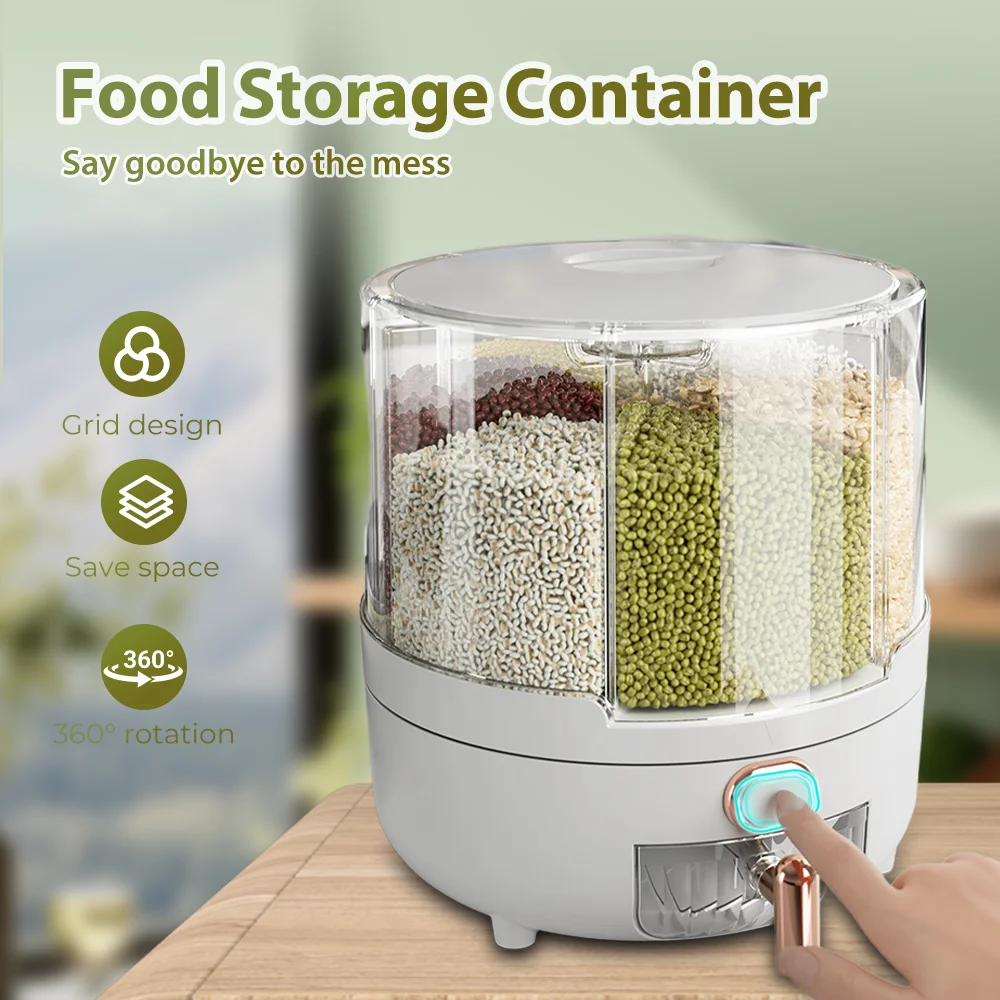 

6 отделений 360 ° Вращающийся герметичный контейнер для хранения продуктов питания — влагостойкий для хлопьев, конфет, риса — органайзер для кухонной кладовой