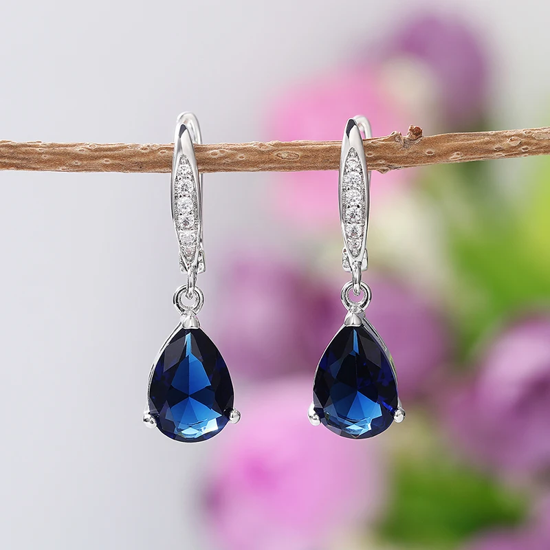 Huitan Wunderschöne wassertropfenförmige blaue Zirkonia-Tropfenohrringe für Damen, Abendparty, elegante Accessoires, klassischer Schmuck – Detail 3