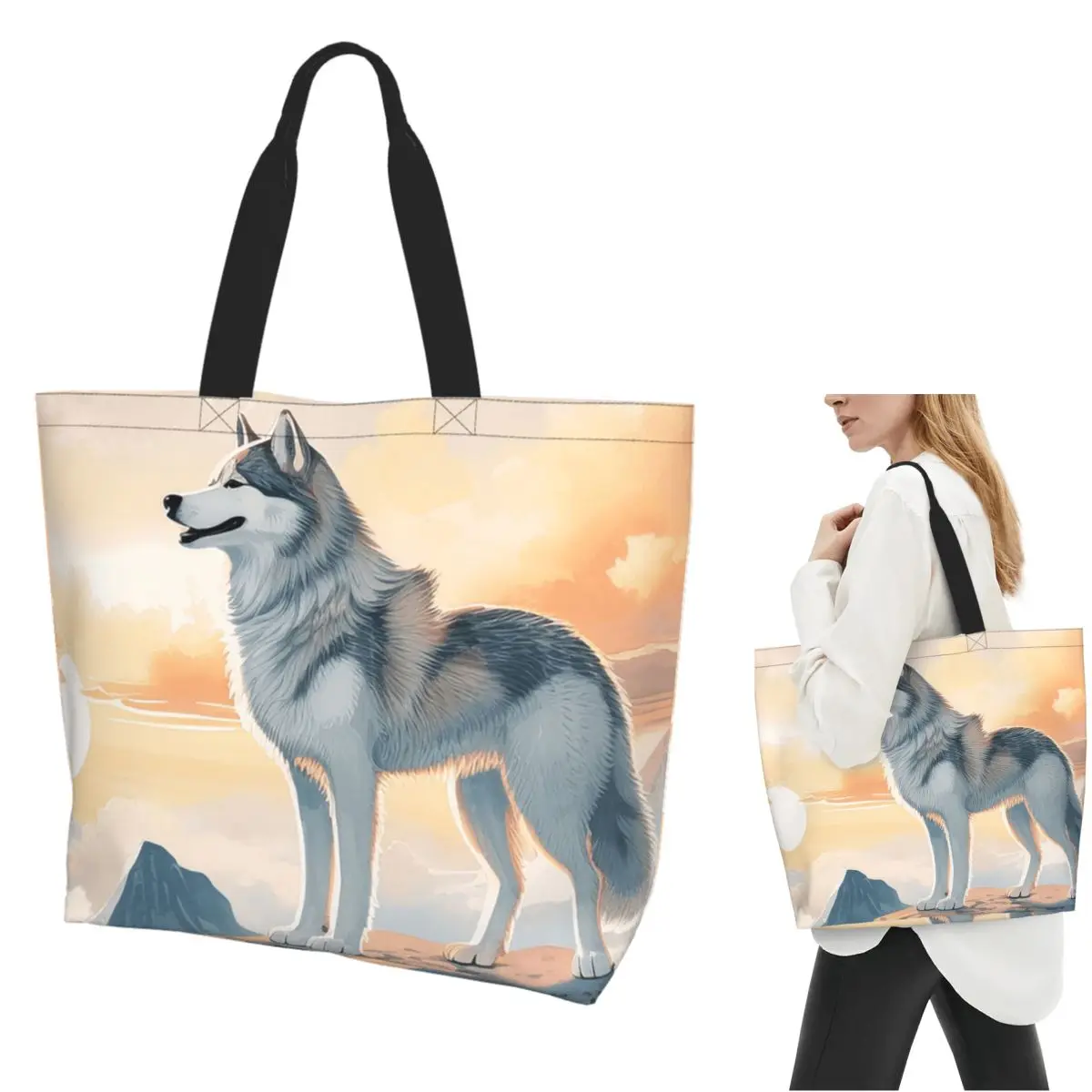 

Siberian Husky In The Mountains Shopping Tote Bag Canvas Large Capacity Shoulder Bags Shopper Grocery Handbag for Women