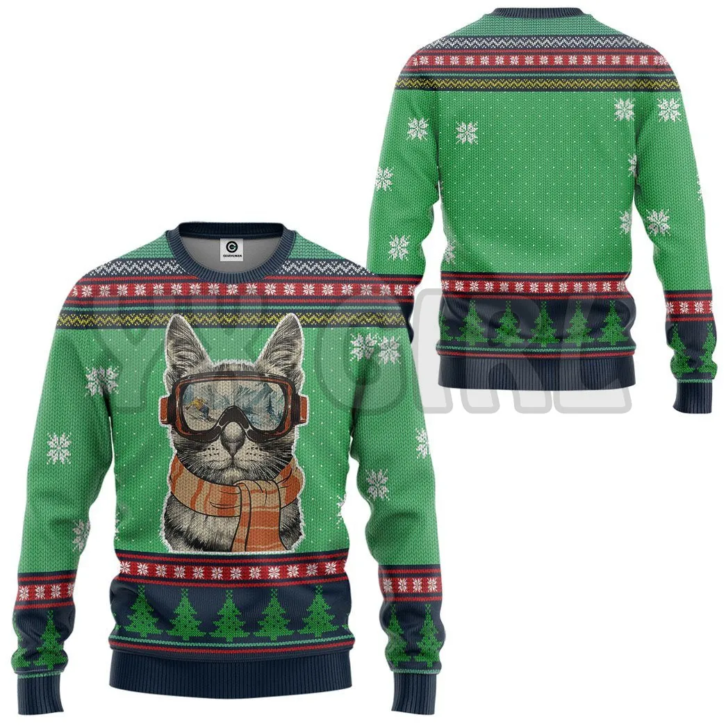 Skiing Cat Ugly Christmas   3d Printed Sweatshirts Men For Women Pullovers Unisex Tops