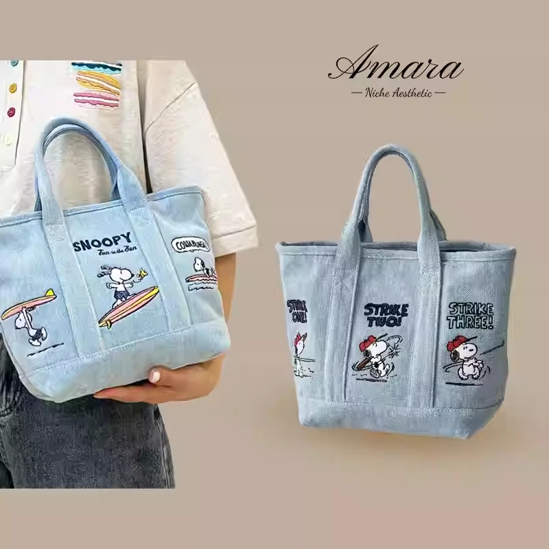 Kawaii Snoopy Denim Tote Bag Cartoon Animation Student Cute Tote Bag Embroidery Lunch Handbag Bag Girl Birthday Present