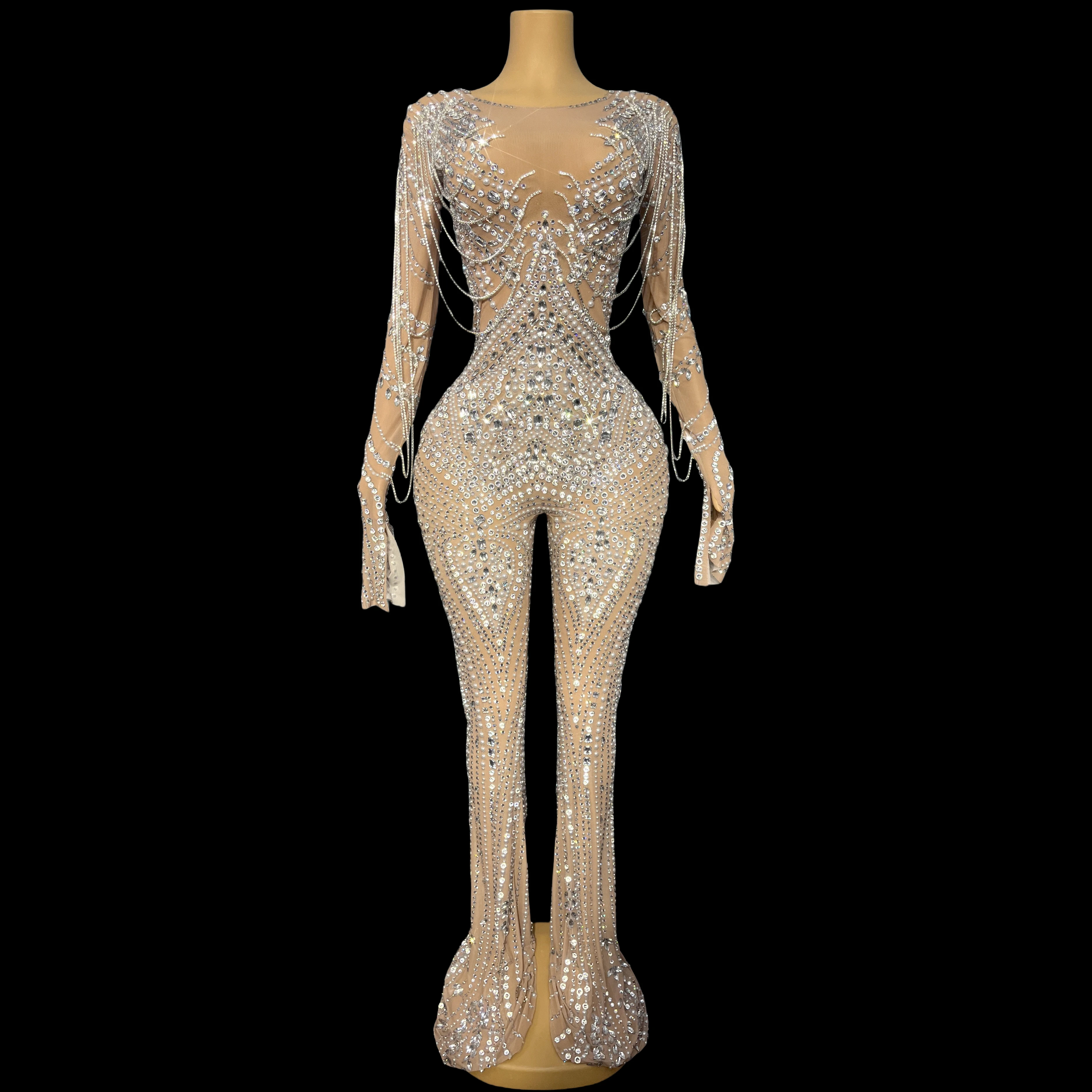 Peleles de manga larga con diamantes de imitación para noche, mono con cadenas de cristales ostentosos, mono elástico brillante Sexy para cumpleaños, Ropa de baile kuotui