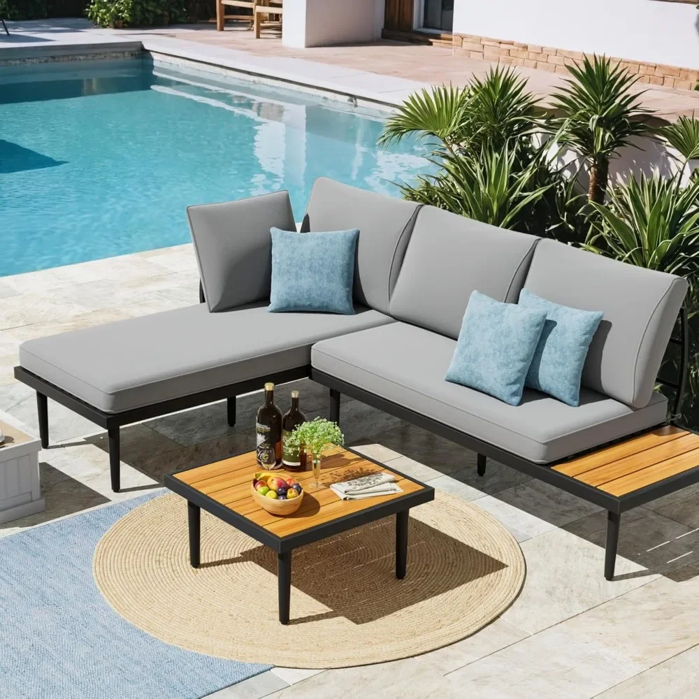 Outdoor Sectional Furniture Patio Sofa, Acacia Wood Table, L-Shaped Conversation Set, All-Weather Cushion