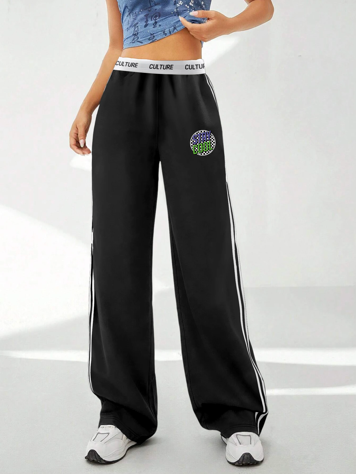 

"Stay Cool" Checkerboard Print Striped Wide Leg Pants, Elastic Waist, Retro Y2K Style Casual Trousers
