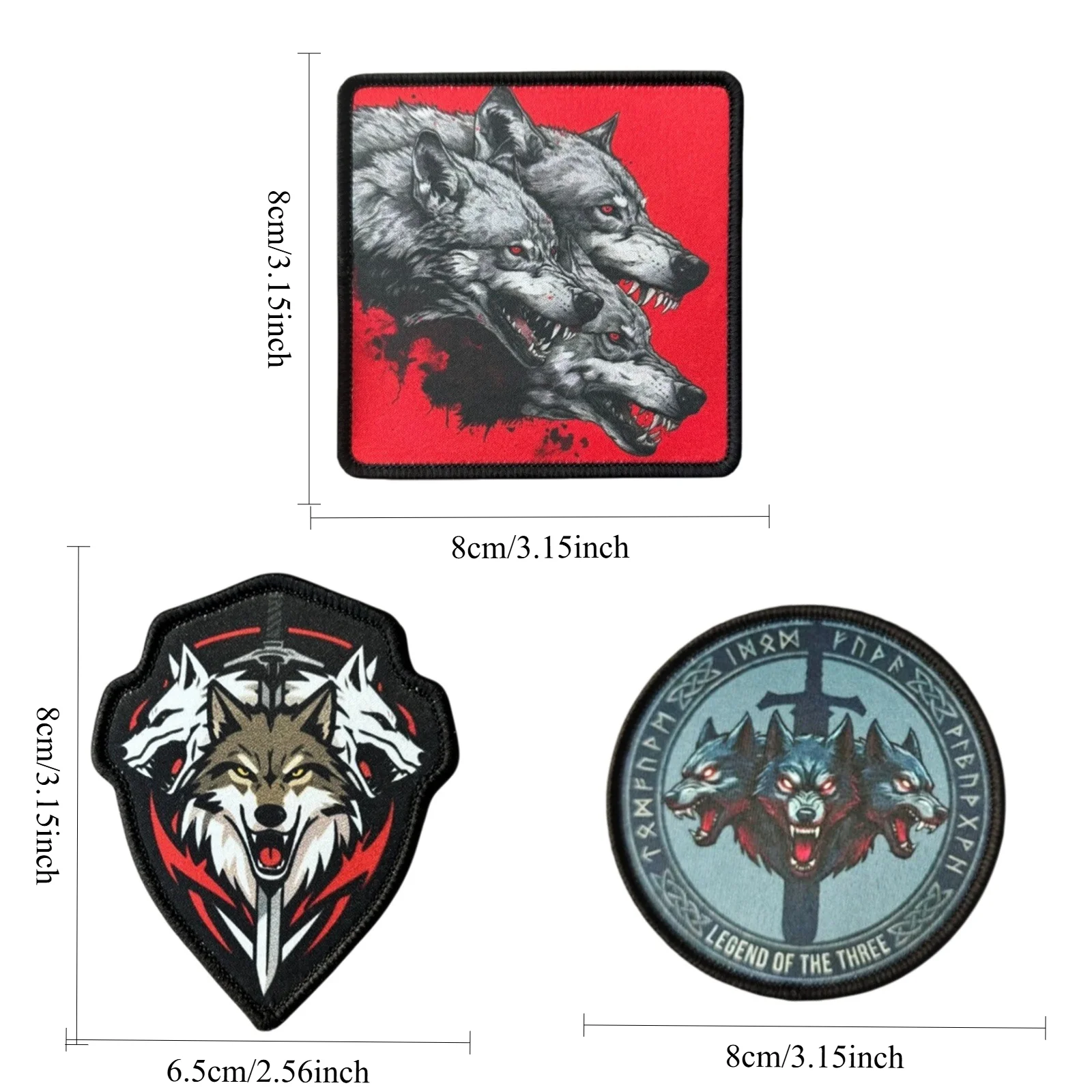 3 Pcs Printed Tactical Morale Patches Set Viking Norse Three Headed Wolf Sword Rune Hook & Loop Patches for Backpack Vest