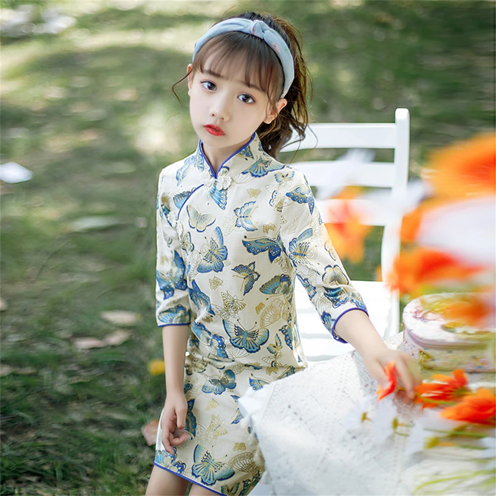 

Classical Elegant Kids Girl Cheongsam Chinese Improved Autumn Princess Dress Children Sweet Butterfly Printed Qipao Vestidos New