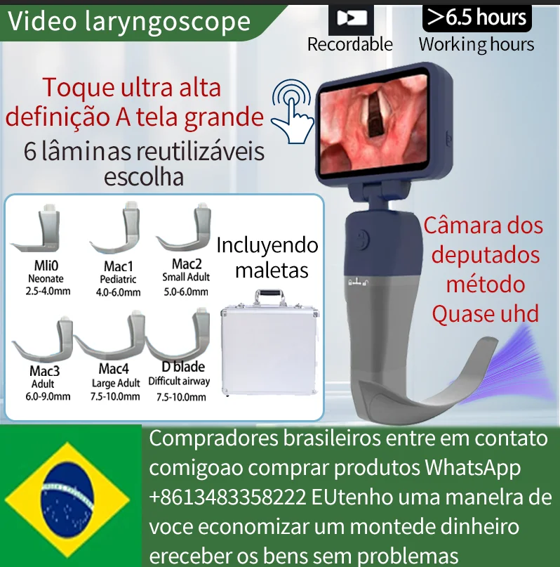 3,5 polegadas tela sensível ao toque de vídeo laringoscópio reutilizável lâminas esterilizáveis cor digital vídeo laringoscópio 6 lâminas opcional
