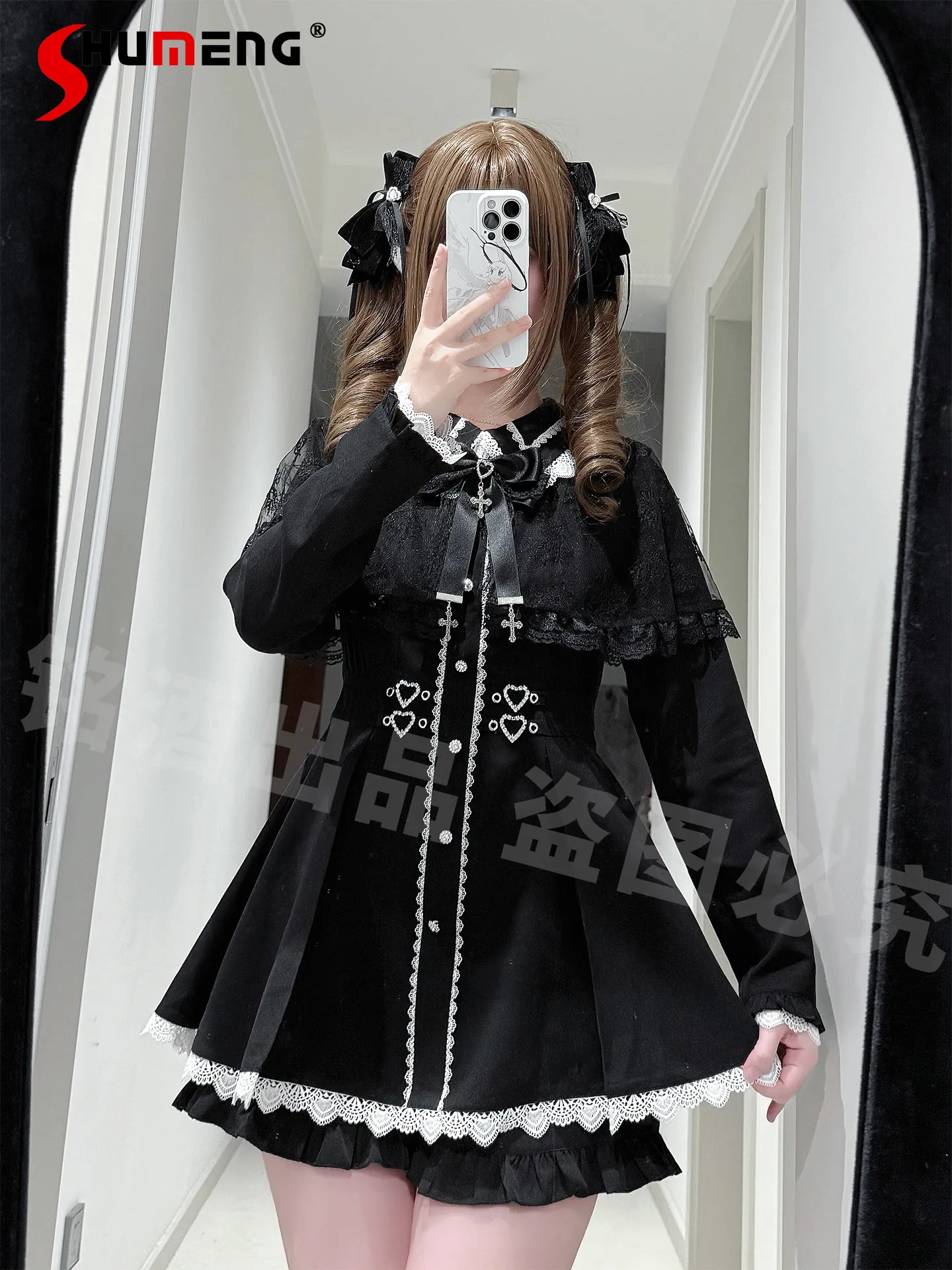 

Original Japanese Mines Style Y2K Subculture Lace Patchwork Cape Long-sleeve Striped Black Dress Shorts Two-piece Set for Women
