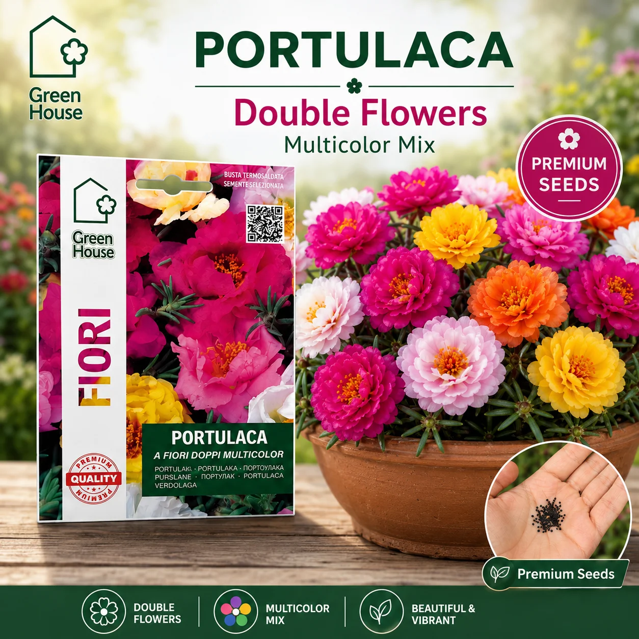 Graines de Portulaca Double Fleur Multicolore pour Serres Vertes – Mélange Premium de Graines de Fleurs pour Jardins, Pots, Bordures et Jardins Rocailleux – Facile à Cultiver