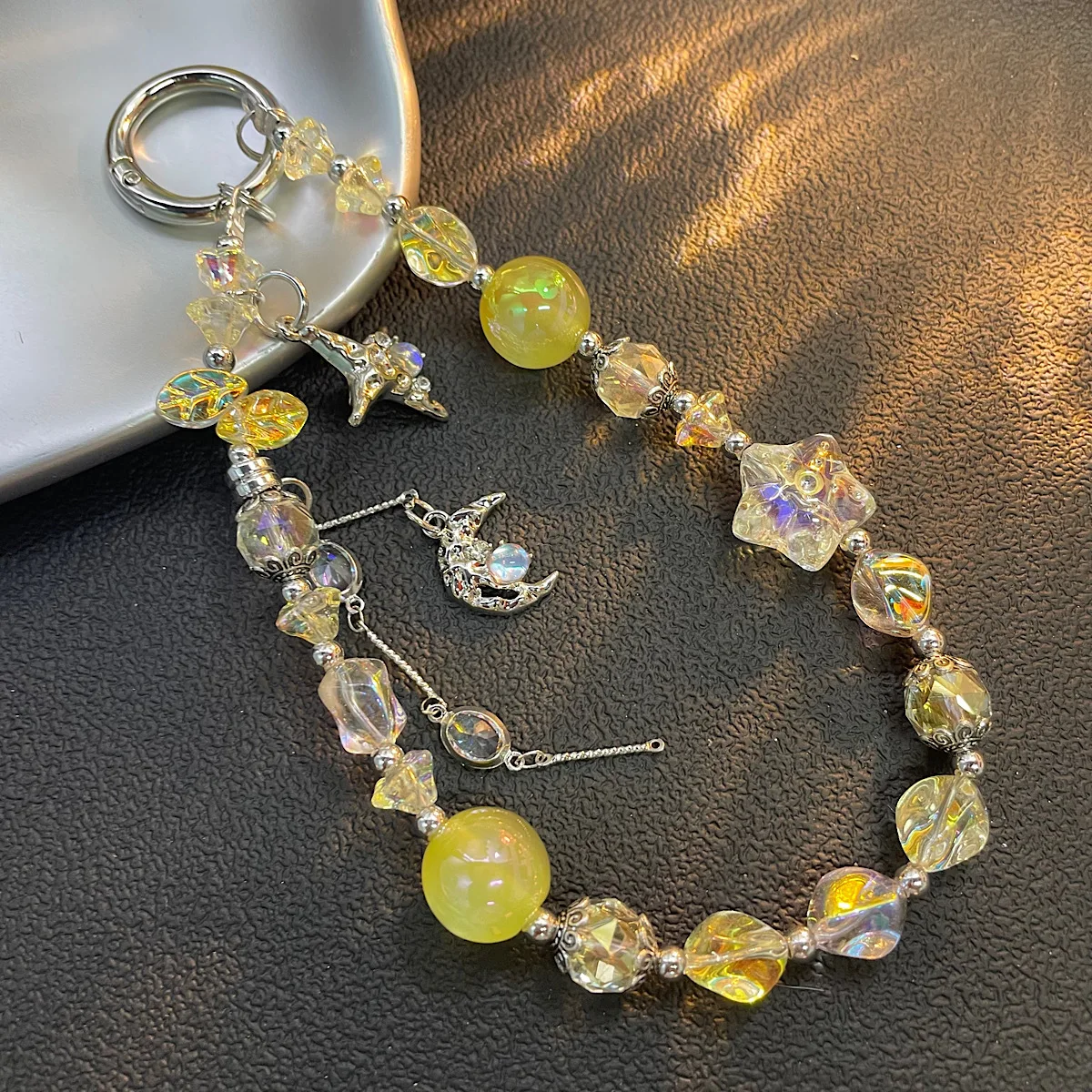 

Mobile Phone Chain with Sparkling Ice-clear Beads, Star and Moon Tassels, Pendant, Lanyard, Personalized Accessory, Bag Keychain