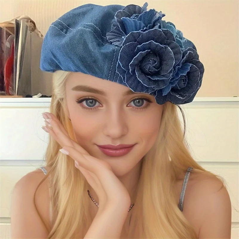 Stylish denim beret with 3D floral embellishment - trend contrast color, foldable painter hat for women