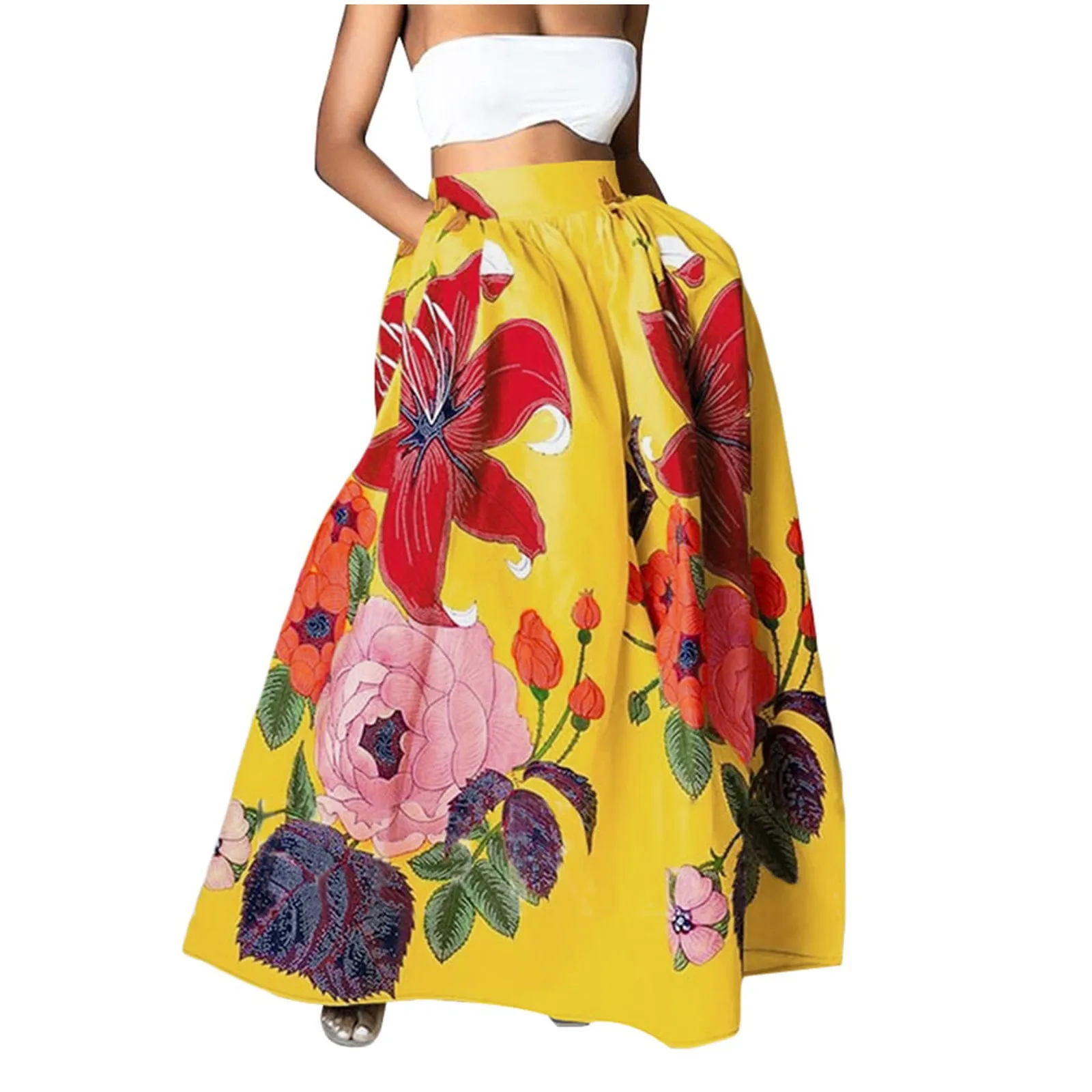 

Floral Bohemian Skirt Large High Waist Loose Hem Long Skirt Women's Tourism and Vacation Beach Skirt party dress