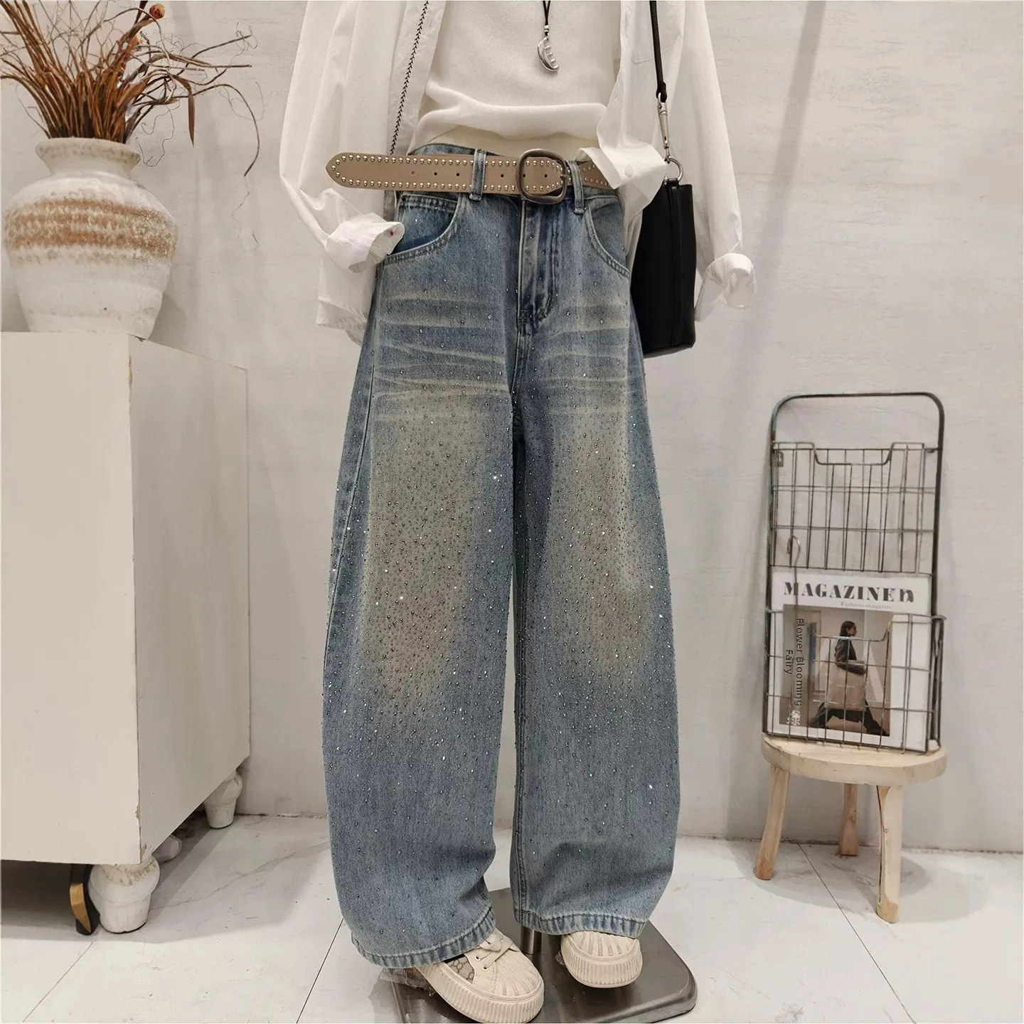 Summer Large Size Men's Casual Denim Pants Glittering Diamond Wide Leg Loose Fit High Waist Polyester Fiber Comfortable Soft