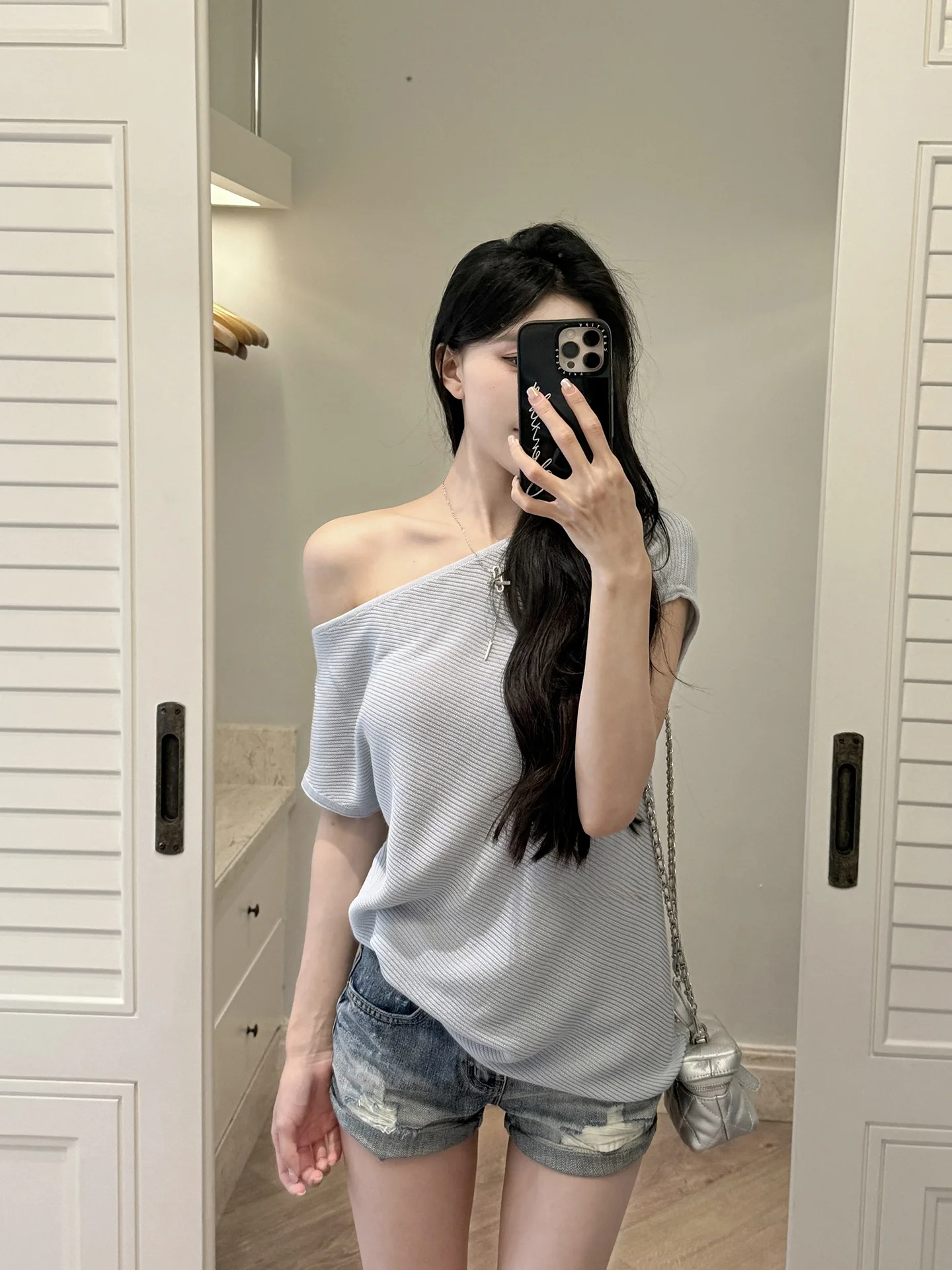 

Hechenxi Summer New Ruched Shoulder Sweater Cool Feeling Irregular Design Loose Feeling T-Shirt Women's Fashion Casual Style