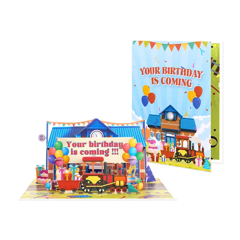 2Pcs Creative 3D Pop-Up Birthday Card Handmade Paper-Cut Birthday Train Station Greeting Card Business Kid Gift Tourist Postcard