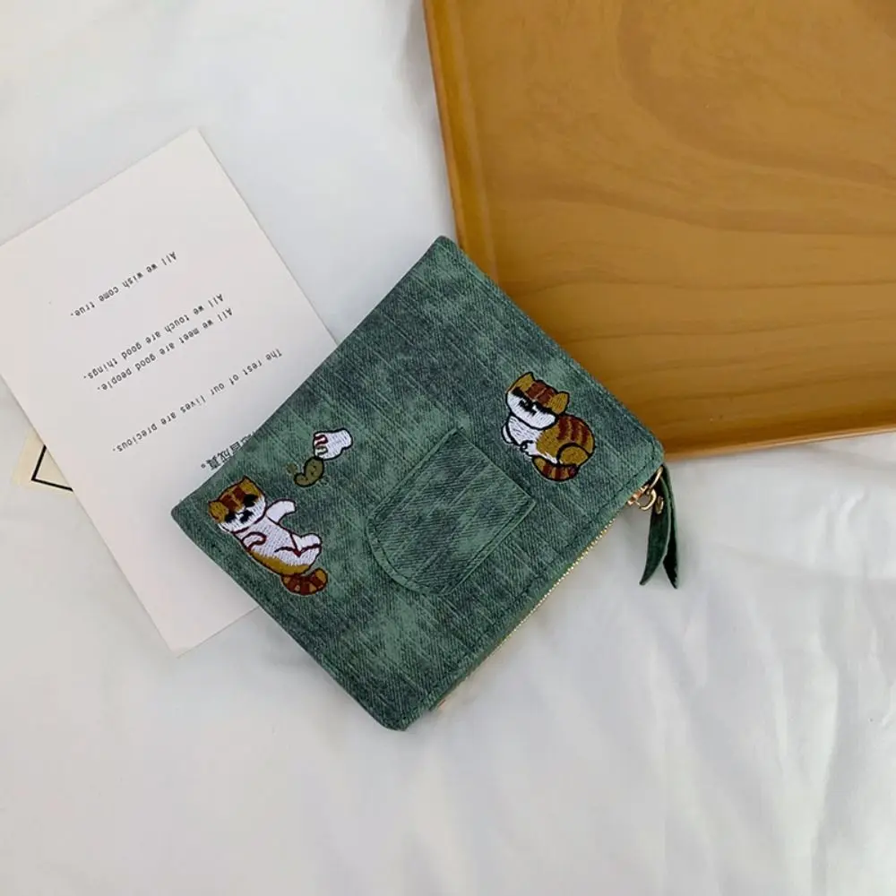 Portafoglio per gatti ricamato in stile coreano semplice, pochette corta ultra sottile, portamonete con cerniera, borsa per carte di tela da donna