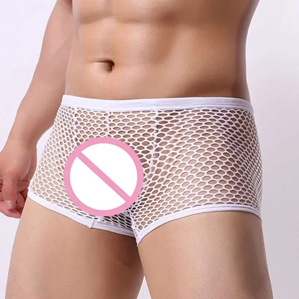 Men\'s Sexy Lingerie Fishnets Adult Male Underwear See-through Boxer Briefs Sheer Mesh Hollow Shorts Underpants Boxershorts