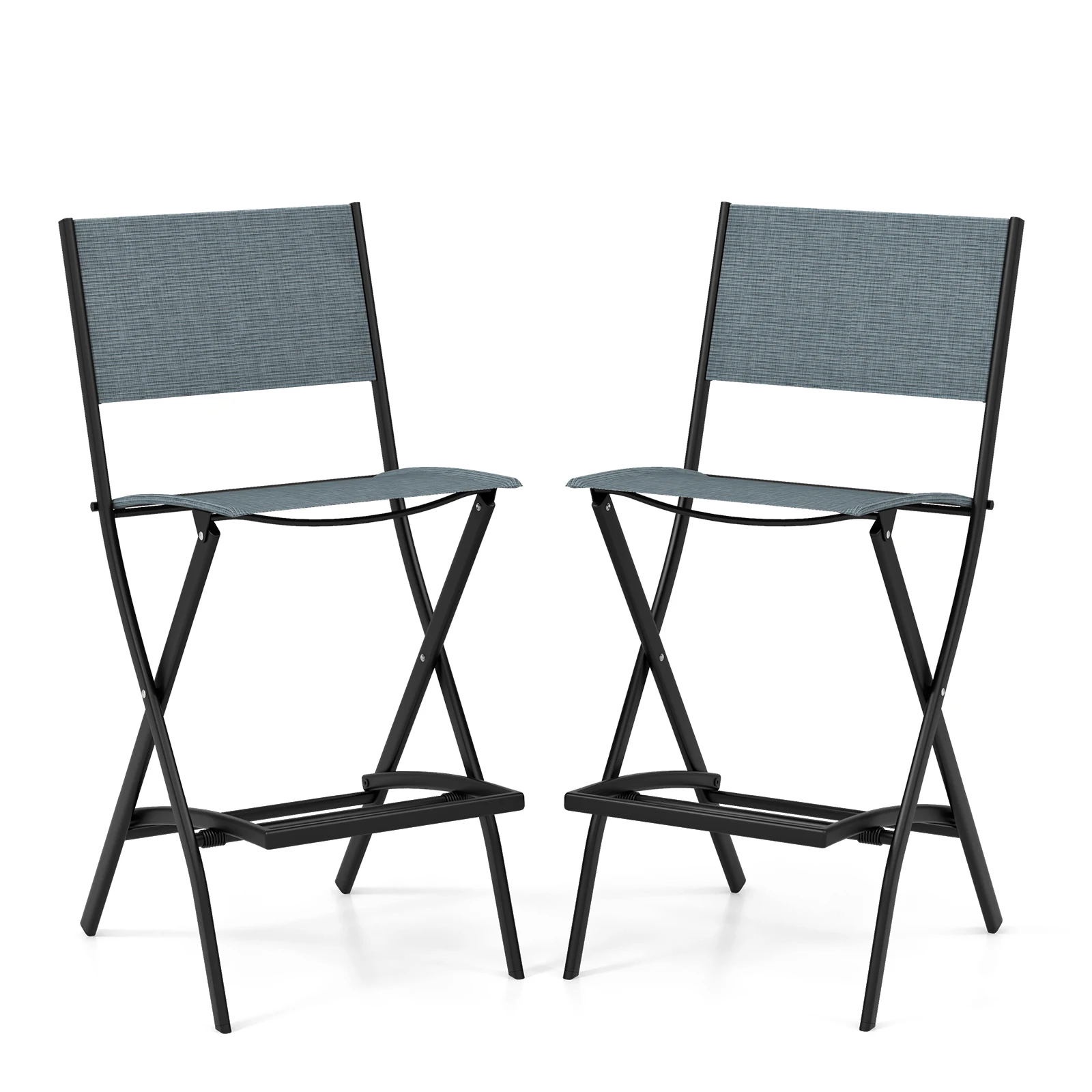 Set of 2 Outdoor Bar Stools, Folding Bar Chairs with Backrest and Footrest, Counter Stools up to 150 kg, Seat Height 71 cm