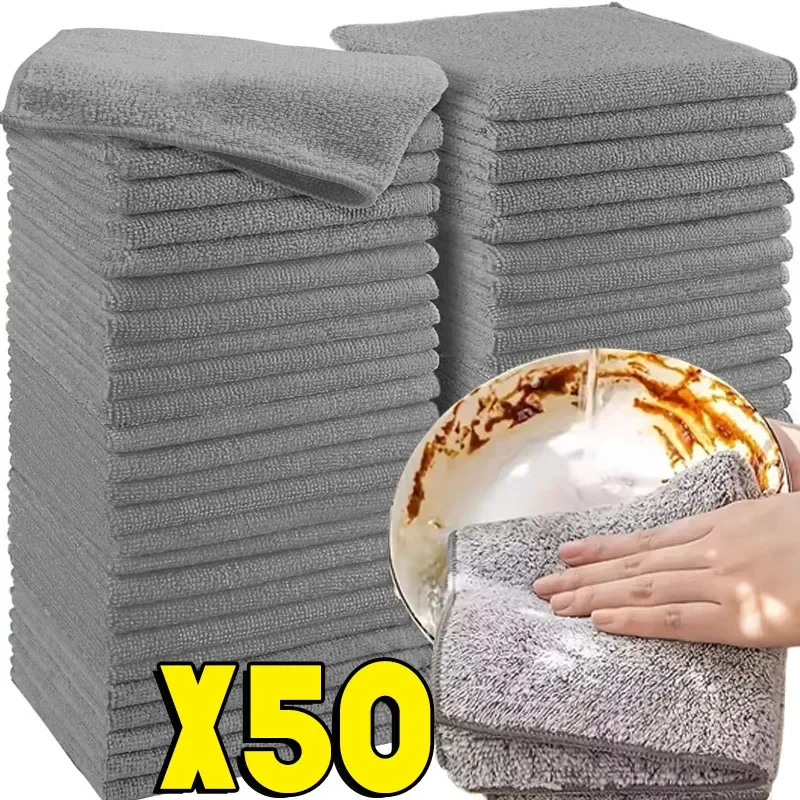 

1/50PCS Gray Bamboo Charcoal Thickened Super Absorbent Dishcloth Anti-grease Kitchen Wiping Rags Microfiber Cleaning Cloths