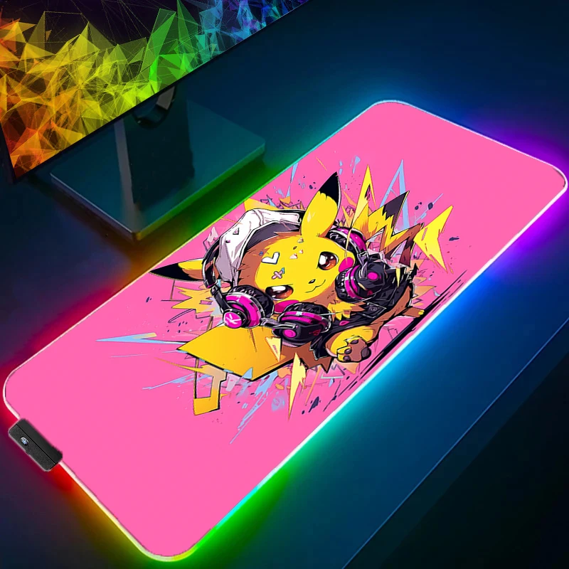 Mouse Pad RGB Rubber PC P-Pokemon P-Pikachu Computer Gaming Accessories Mousepad Desk Mat LED Locking Edge Gamer Carpet