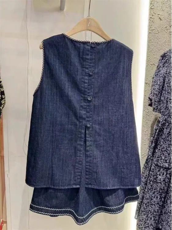 Faionable Embroidered Denim Set Casual High Waist Wide Leg ort Pants round Ne Svel Two-Piece Suit for Women 25-35...