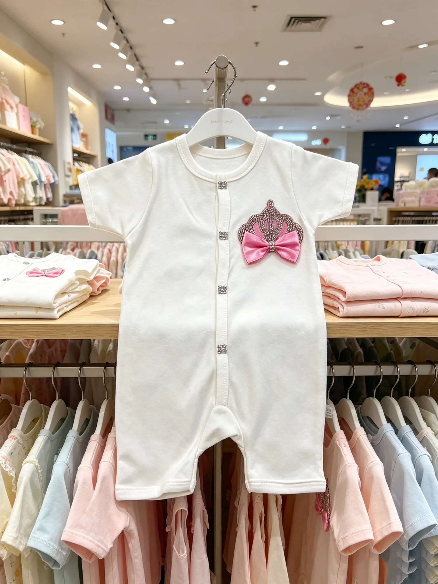Combed cotton short sleeve full open baby romper rhinestone crown satin bow princess girl onesie