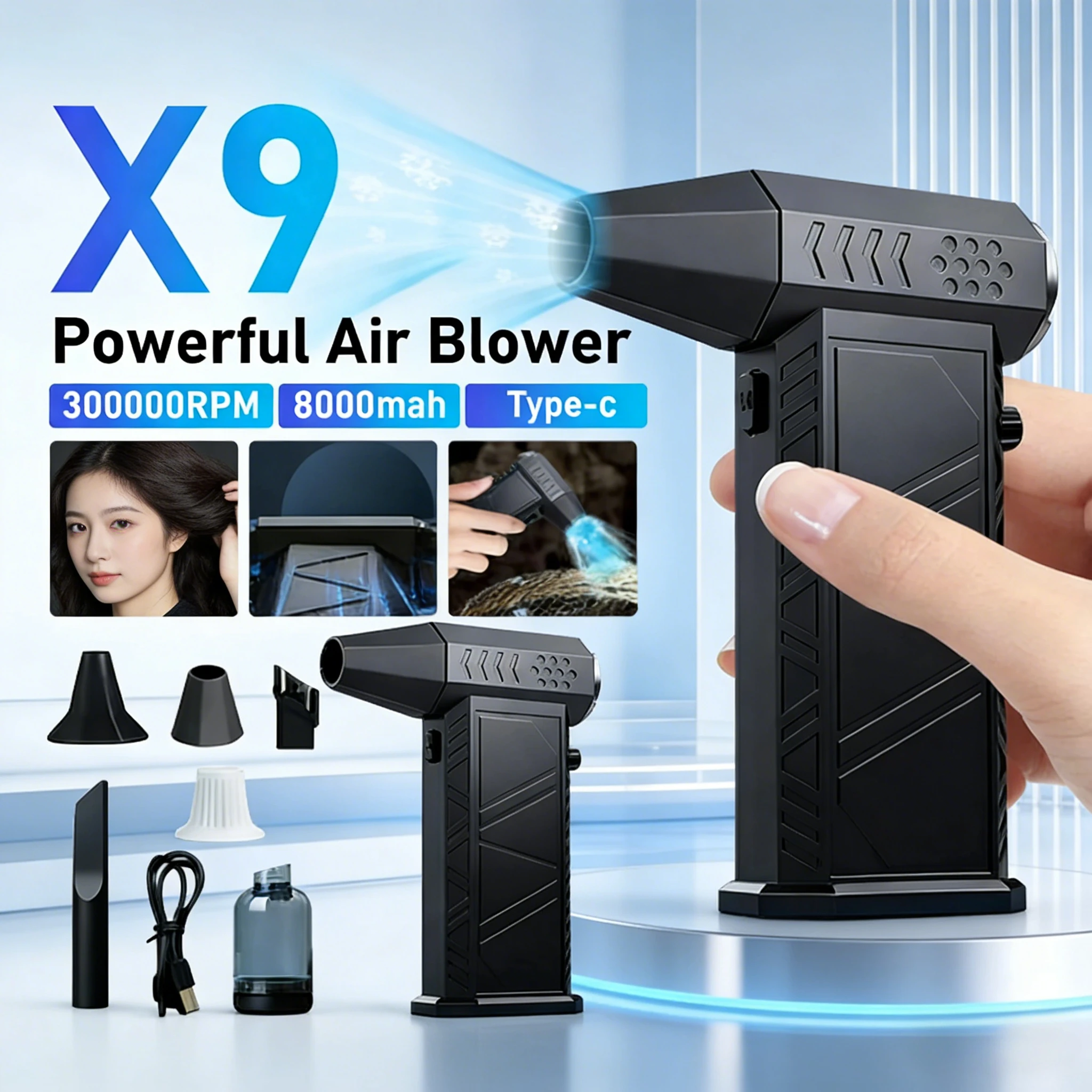 

300000RPM X9 Brushless Violent Fan | Turbo Jet 2-in-1 Blower Vacuum | Type-C Charging