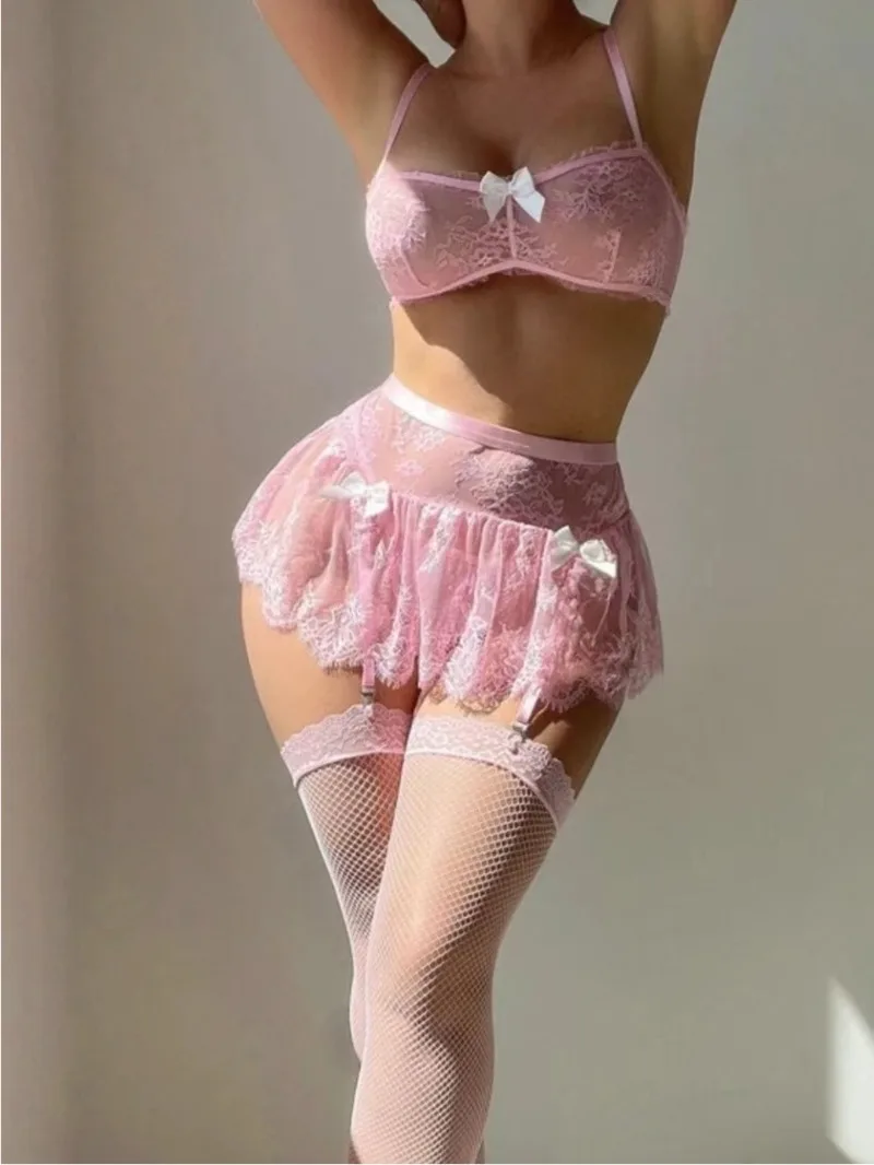

Сексуальные кружевные комплекты с прозрачной юбкой, облегающие комплекты с цветочным принтом, розовый бант, открытая спина, на груди, подтяжки, комплекты юбок без рукавов SOL0