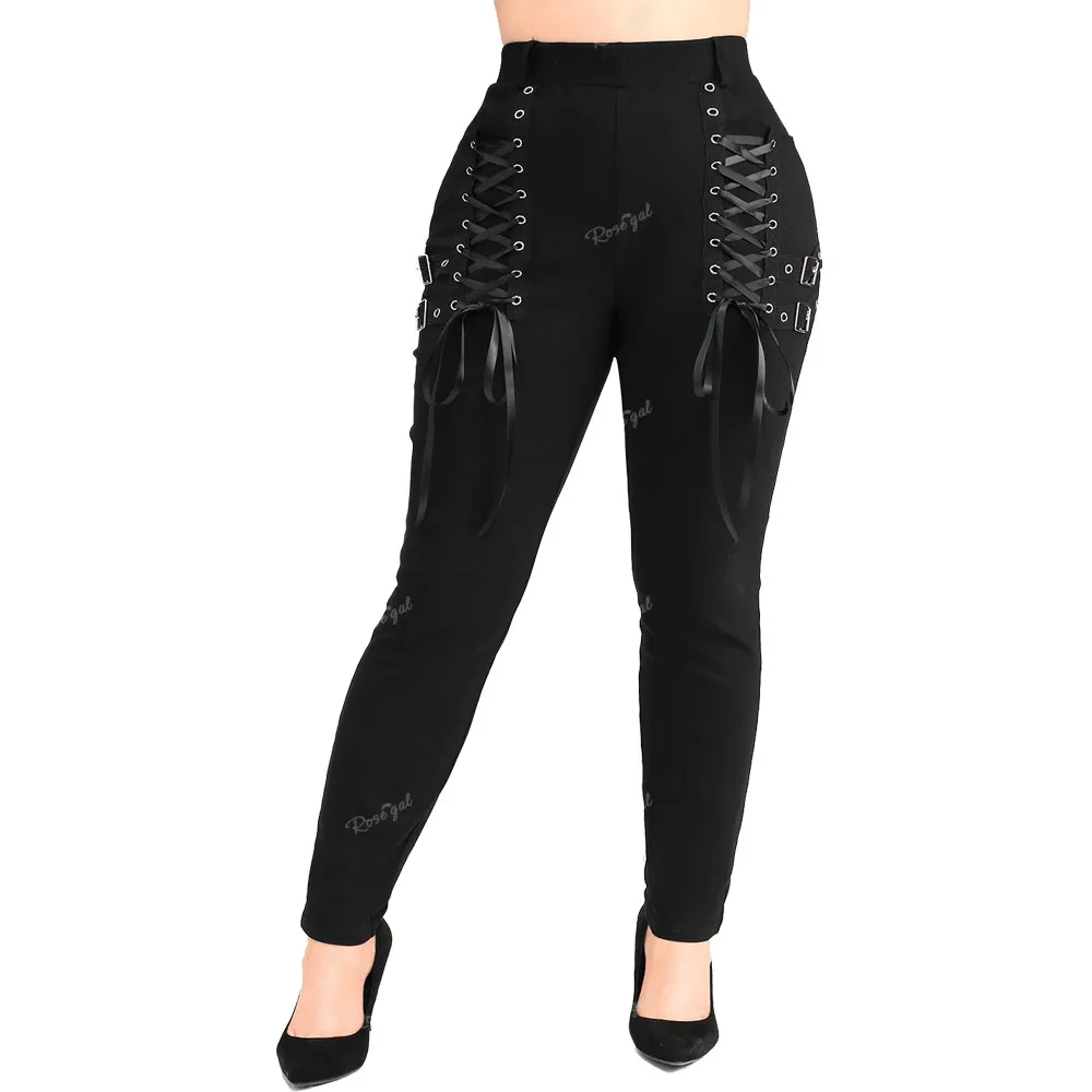 

﻿ROSEGAL Plus Size Black Pencil Pants Lace Up Pockets Buckle Pull On Leggings Women Streetwear Casual Bottoms Trousers Mujer