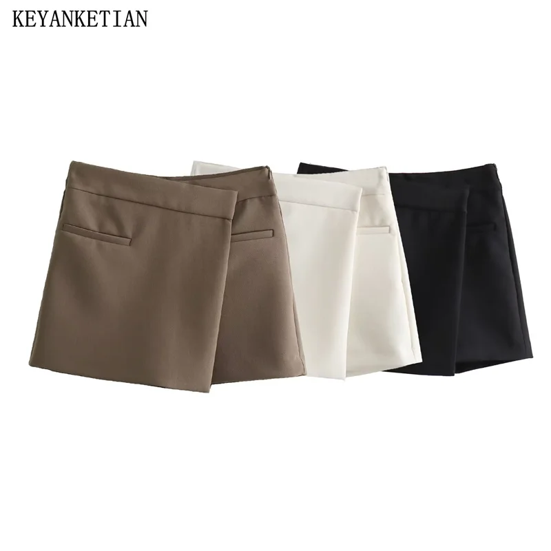 

KEYANKETIAN Autumn New Women's Asymmetrical Decoration Zip-up High-Waisted Culottes Office Lady Fashion Solid A Line Mini Skirt