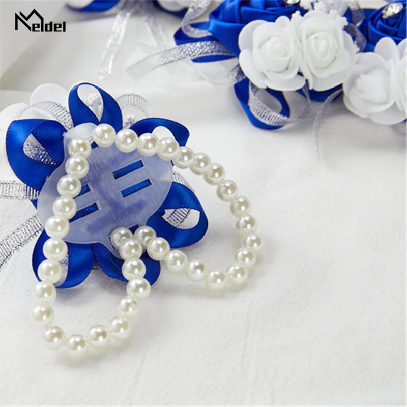 Set of 6 Royal Blue Pink Wrist Corsages Flowers for Wedding Prom Bridal Bridesmaid Girl Mother Women Rose Bracelet Hand Flowers