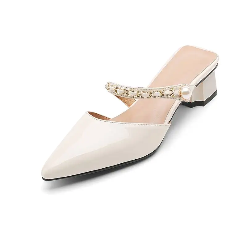 Krazing Pot Cow Skin Mules Med Heel Pointed Toe European Design Preppy Style Women Dating Pearl-studded Daily Wear Shallow Pumps