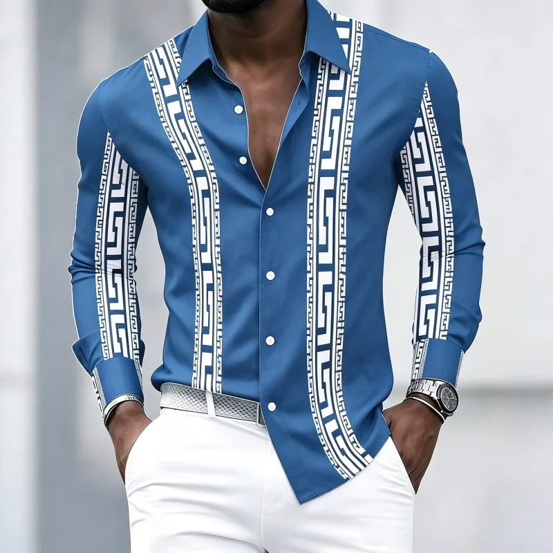 Men's shirt with embossed long sleeved shirt, retro geometric printed lapel cardigan shirt, business casual men's top XS-6XL