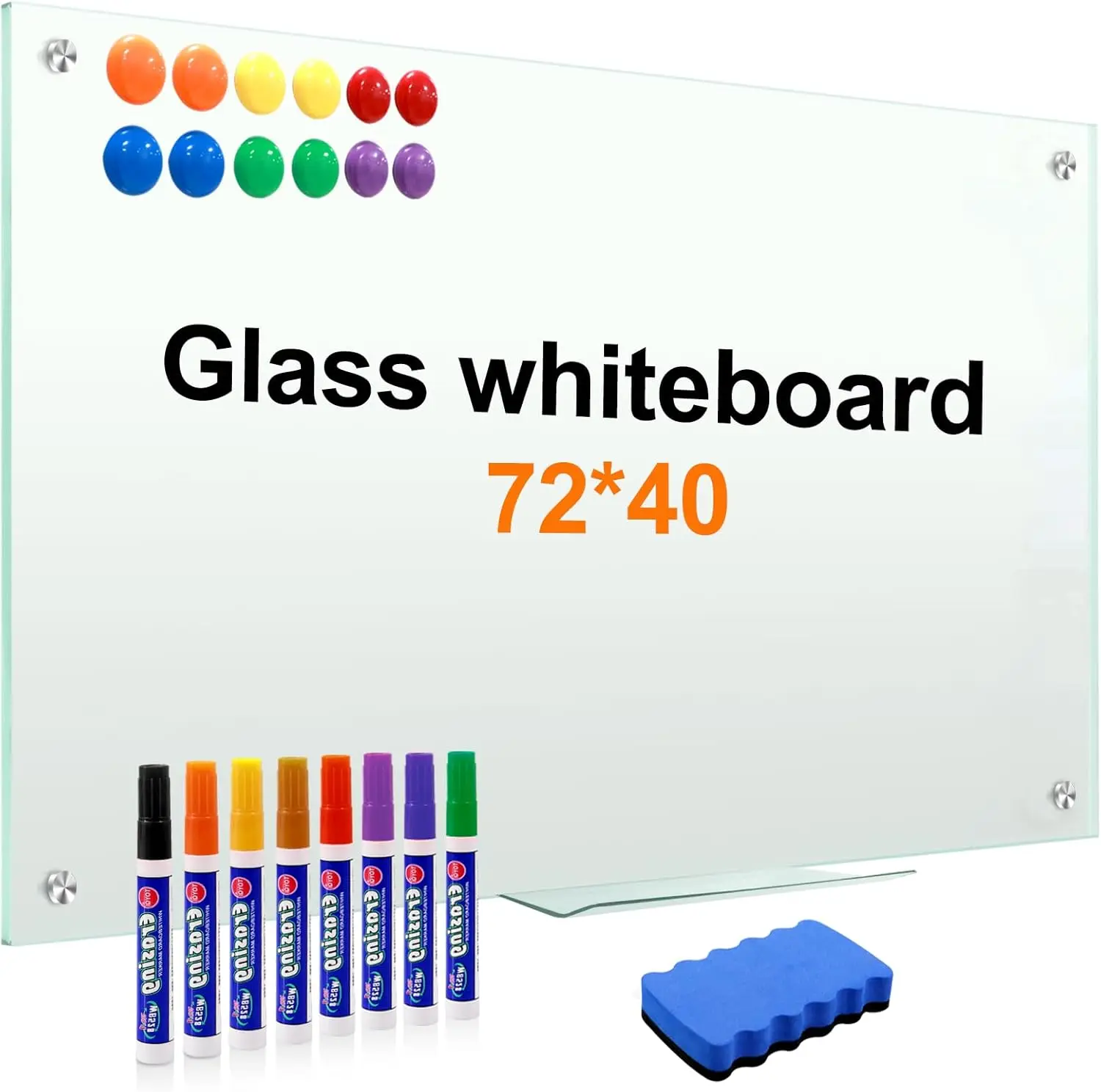 

72x40 Inch Magnetic Glass Whiteboard for Home Office or School, Includes Markers and Erasers