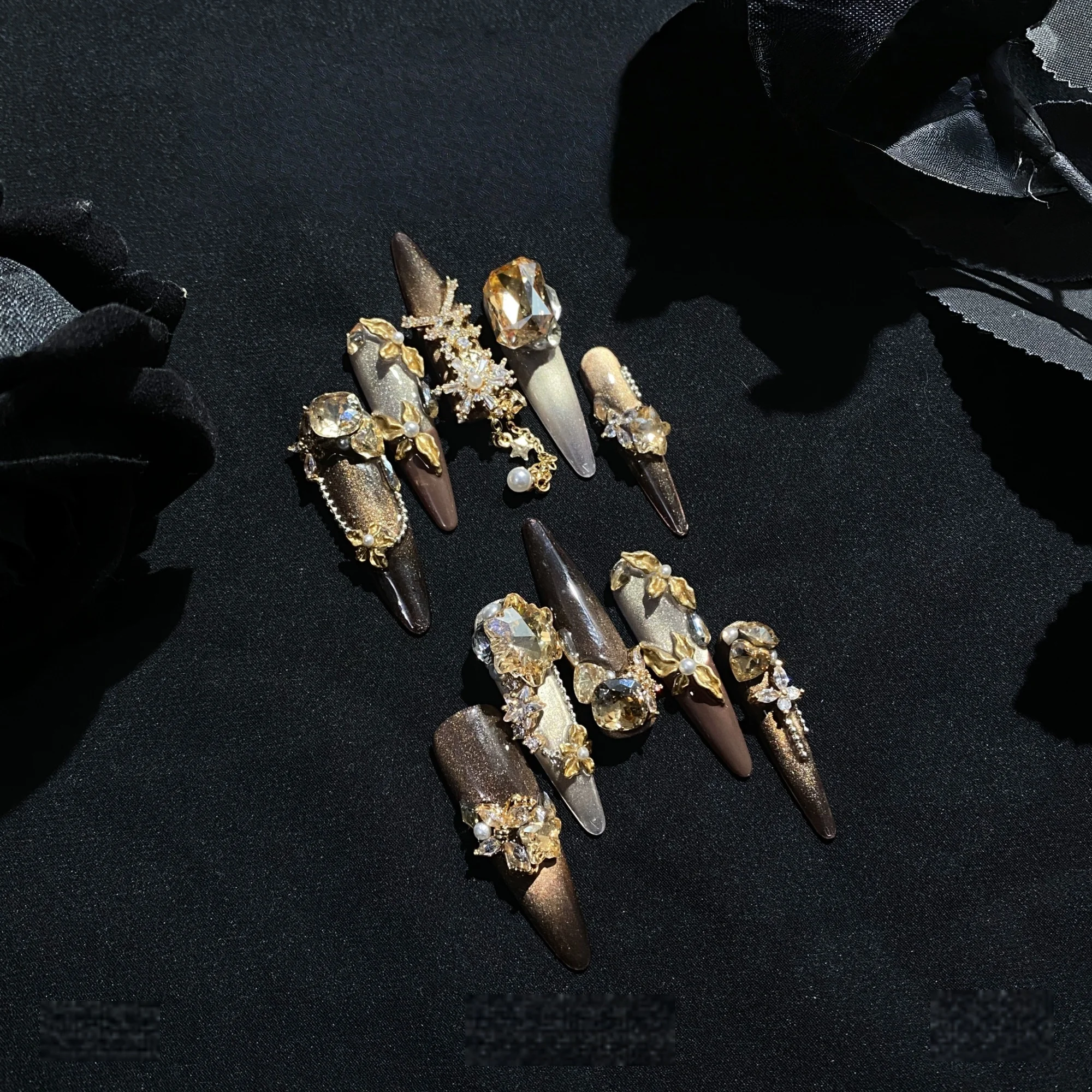 Coffee-yellow Cat-eye Carved Chain Press On Nails Handmade Fine Glitter Gradient Autumn and Winter Caramel Amber Fake Nails