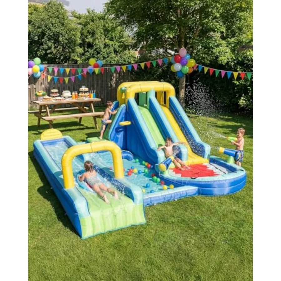 

Надувной батут с тематикой акул и двойной горкой, надувной замок с очень длинной водной горкой, надувная доска для серфинга, в комплекте 750