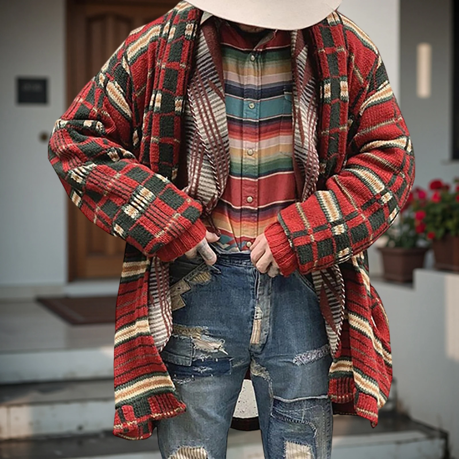 الرجعية المرأة الخريف الشتاء سترة سترة طويلة الأكمام مفتوحة الجبهة منقوشة طباعة تريكو