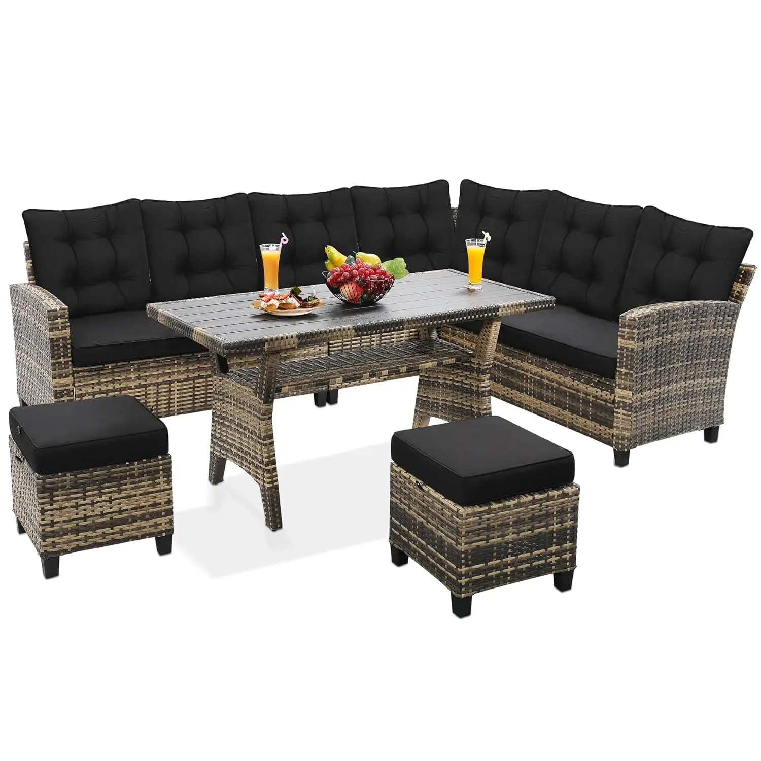 6-Piece Outdoor Patio Sectional Sofa Dining Set All-Weather Wicker Ottoman Black Cushion Customized