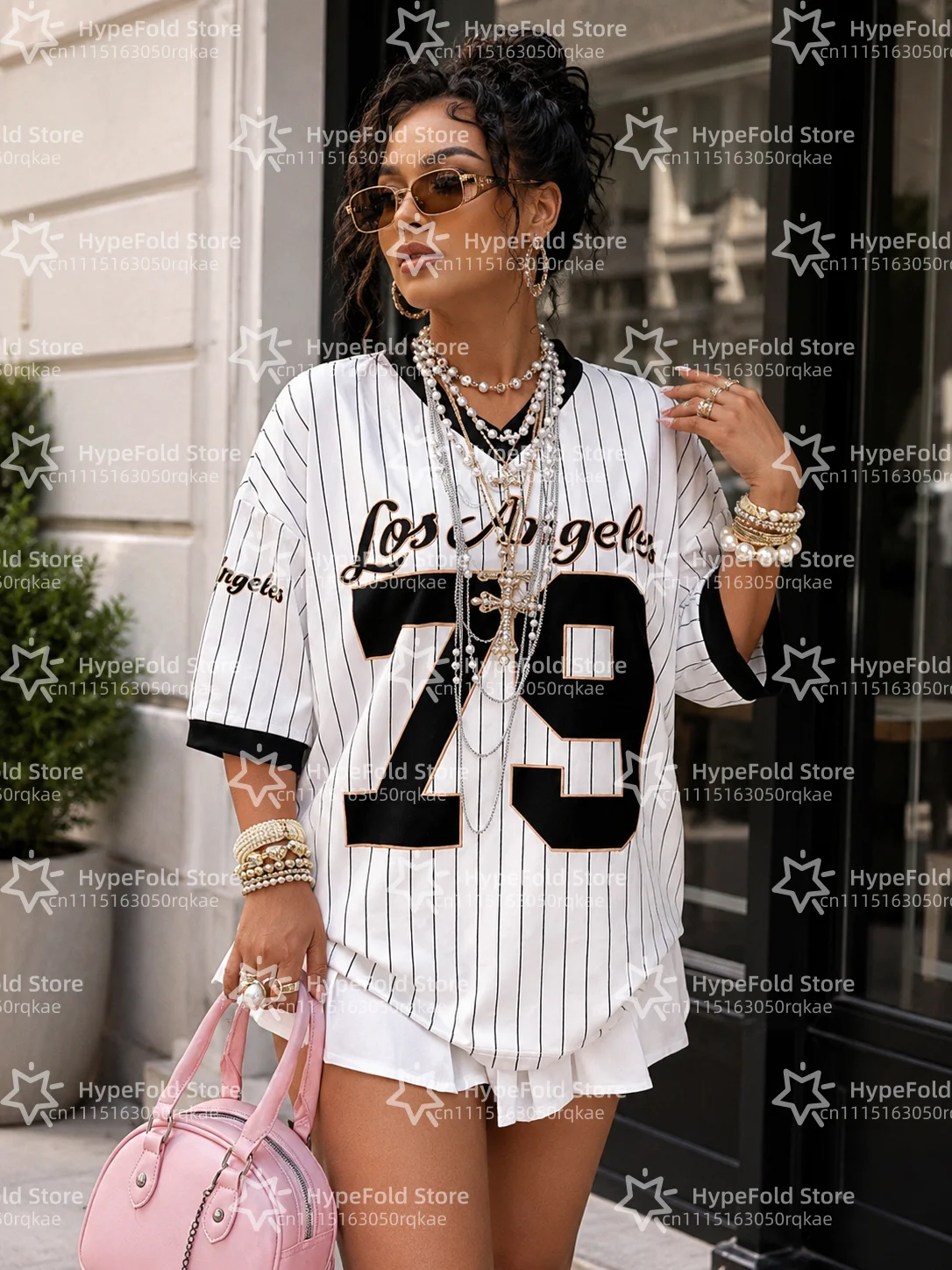 Summer New Los Angeles 79 Print Stripe T-shirt For Women V-Neck Short Sleeve Tees Sports Football Jersey Y2K Loose Oversized Top