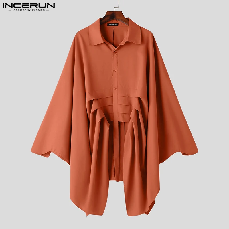 2024 Men\'s Irregular Shirt Solid Color Lapel Long Sleeve Pleated Camisas Streetwear Loose Fashion Casual Men Clothing INCERUN