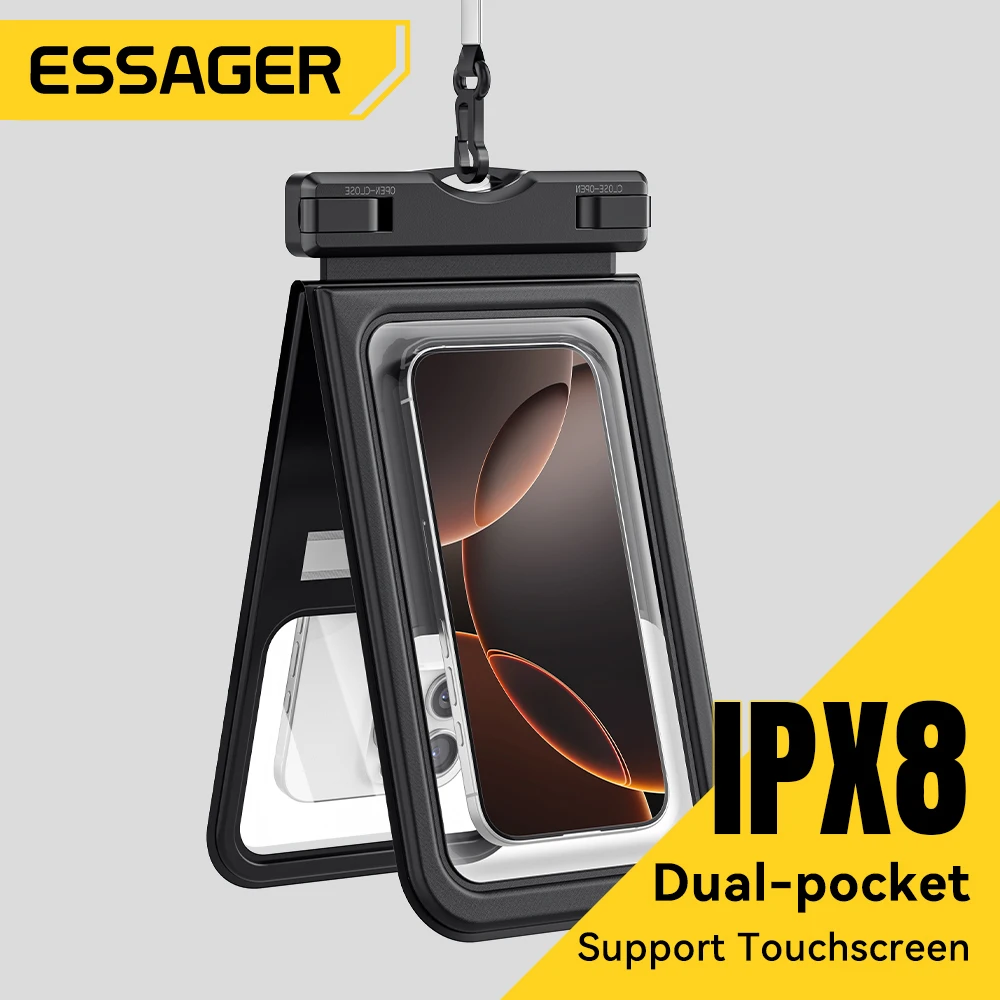 Essager Custodia per telefono impermeabile a doppio tasca IPX8 per iPhone16 15 14 13 Borsa galleggiante asciutto per lo snorkeling Beach Swim Cover universale